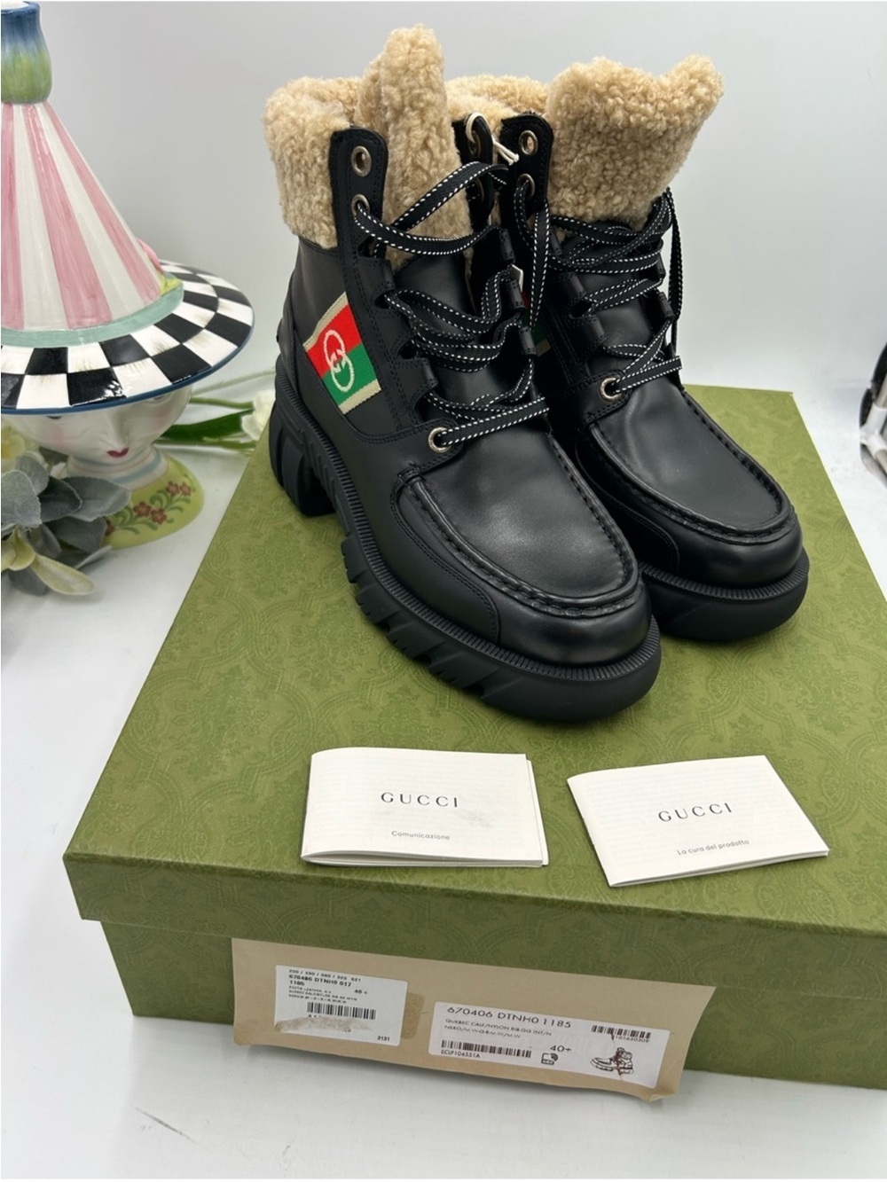 Womenโs Gucci, leather romance combat boots size 40.5 made in Italy